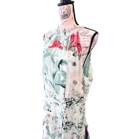 White House Black Market‎ Dress Sz 18 Green Tropical Floral Ruffled Halter Neck - Picture 6 of 16